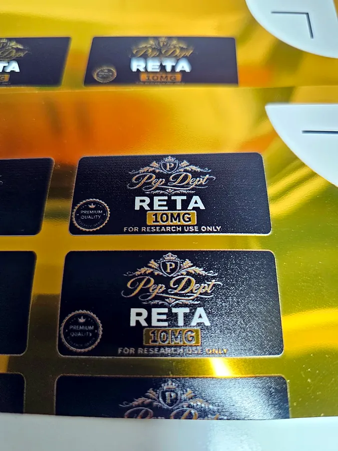 Pop Dept labels on gold metallic